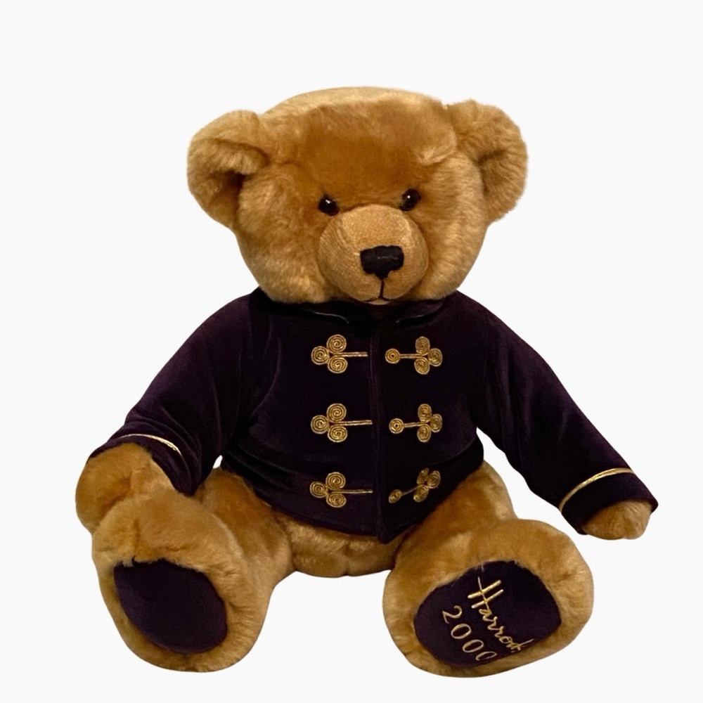 Y2K Harrods Teddy Bear with Purple velvet Jacket with gold trim Vinatge